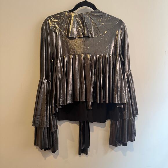Norma Kamali Ruffled Metallic Wrap Top Gray V-Neck Layered Bell Sleeve Sz XS - Picture 7 of 7